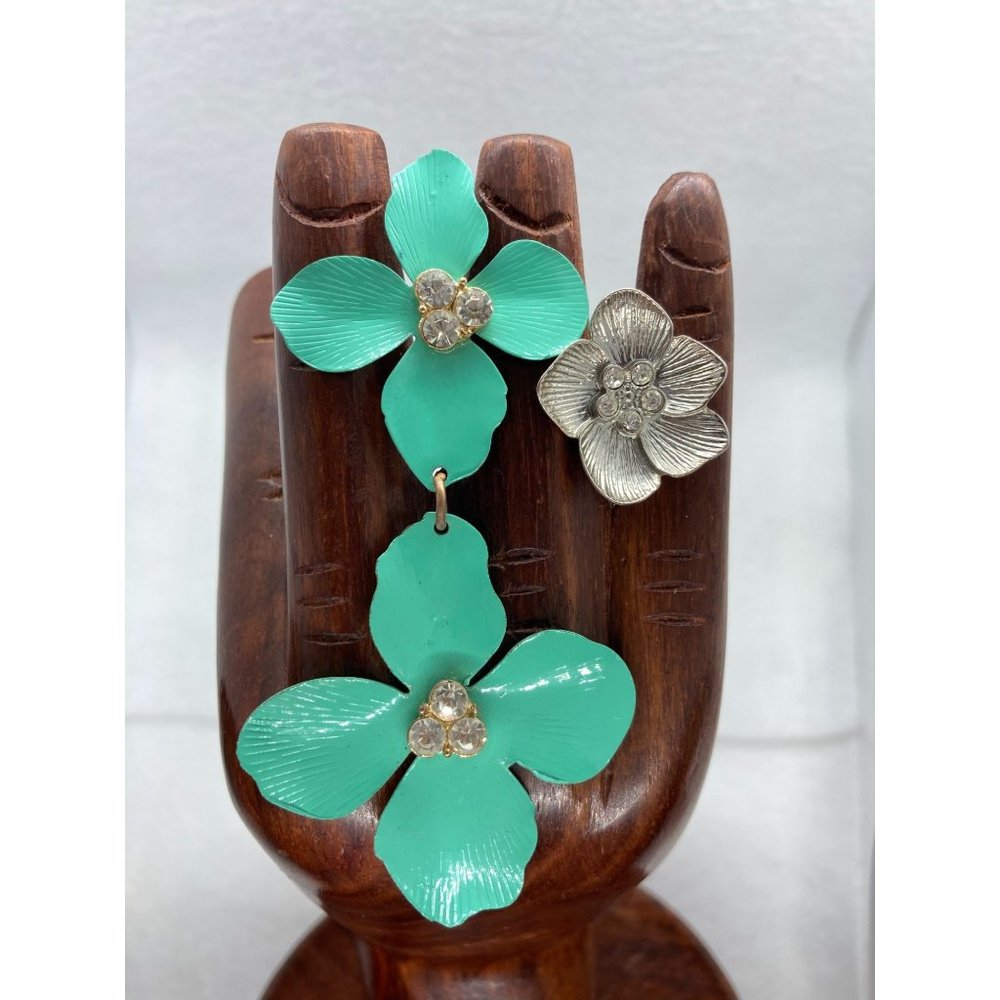 Mismatched Teal & Silver Spring Flower Floral Rhinestone Dangle and Stud Earring